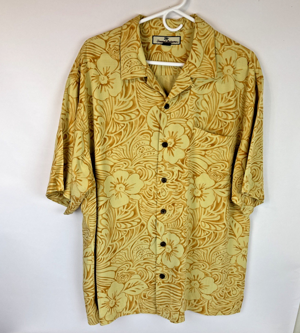 Tommy Bahama Gold Rust Hibiscus Flower Print Silk Short Sleeve Camp Shirt Large